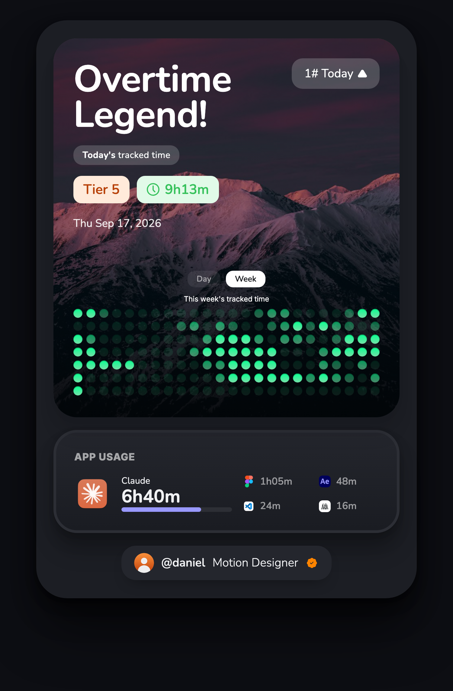 Sample daily report: Overtime Legend, Tier 5, 9h13m